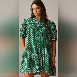 Maeve Green Printed Puff-Sleeve Mini Dress
